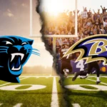 Players sprinting across split football fields with Panthers and Ravens logos Week 18 warm sun and cheering crowds.