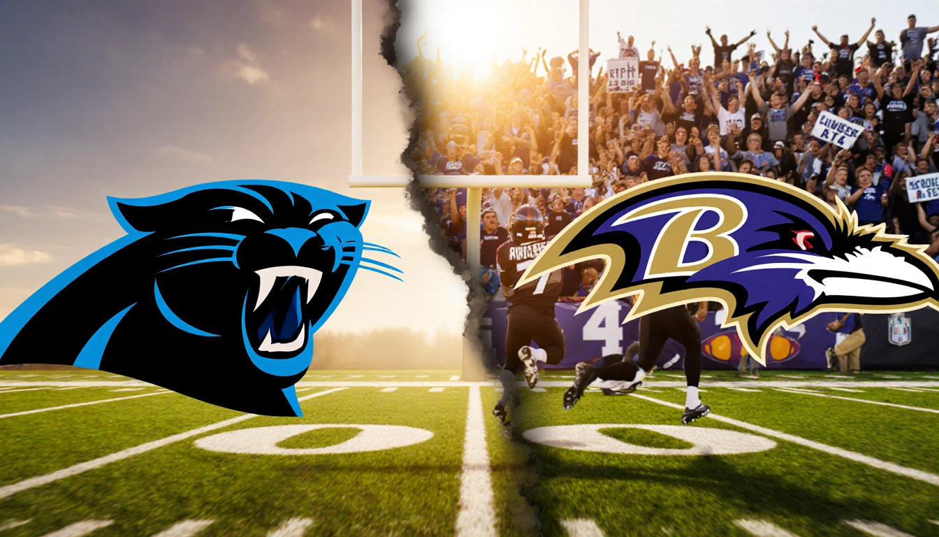 Players sprinting across split football fields with Panthers and Ravens logos Week 18 warm sun and cheering crowds.