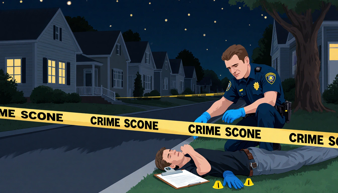 Victim lies on ground with police officer kneeling beside him near scene tape and forensic gear in night neighborhood.