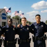 Former college athletes standing with police uniforms and flags waving in background looking at the viewer