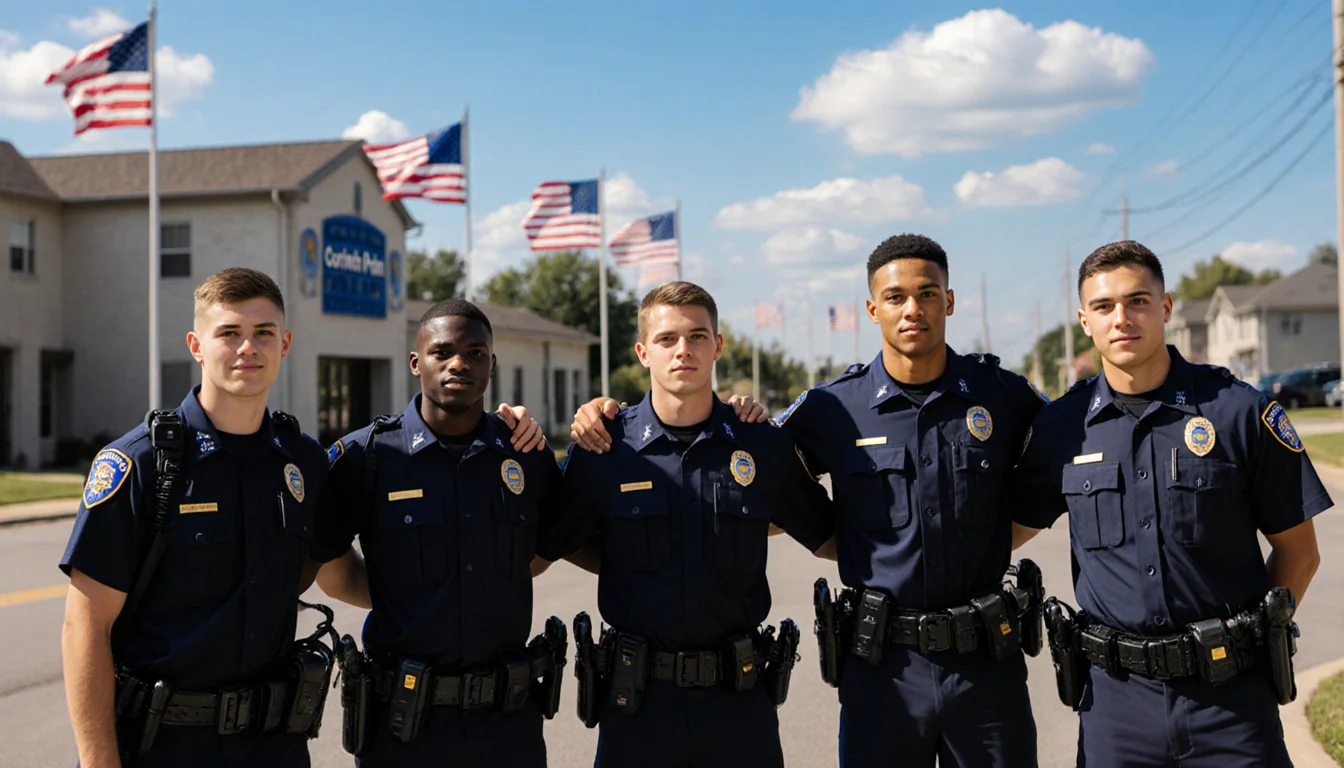 Former college athletes standing with police uniforms and flags waving in background looking at the viewer