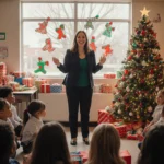 Teacher beams while students gather around a bright Christmas tree with colorful gifts in Fort Worth elementary.