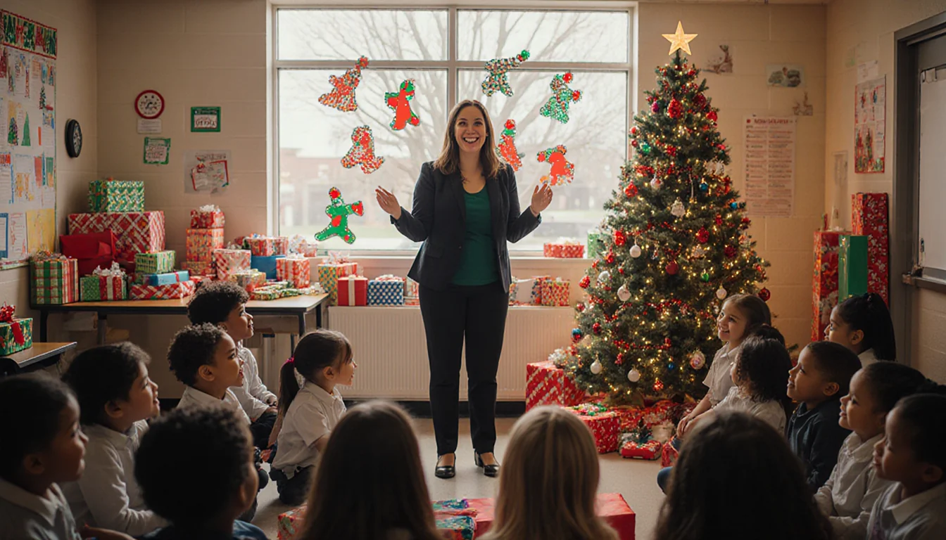 Teacher beams while students gather around a bright Christmas tree with colorful gifts in Fort Worth elementary.