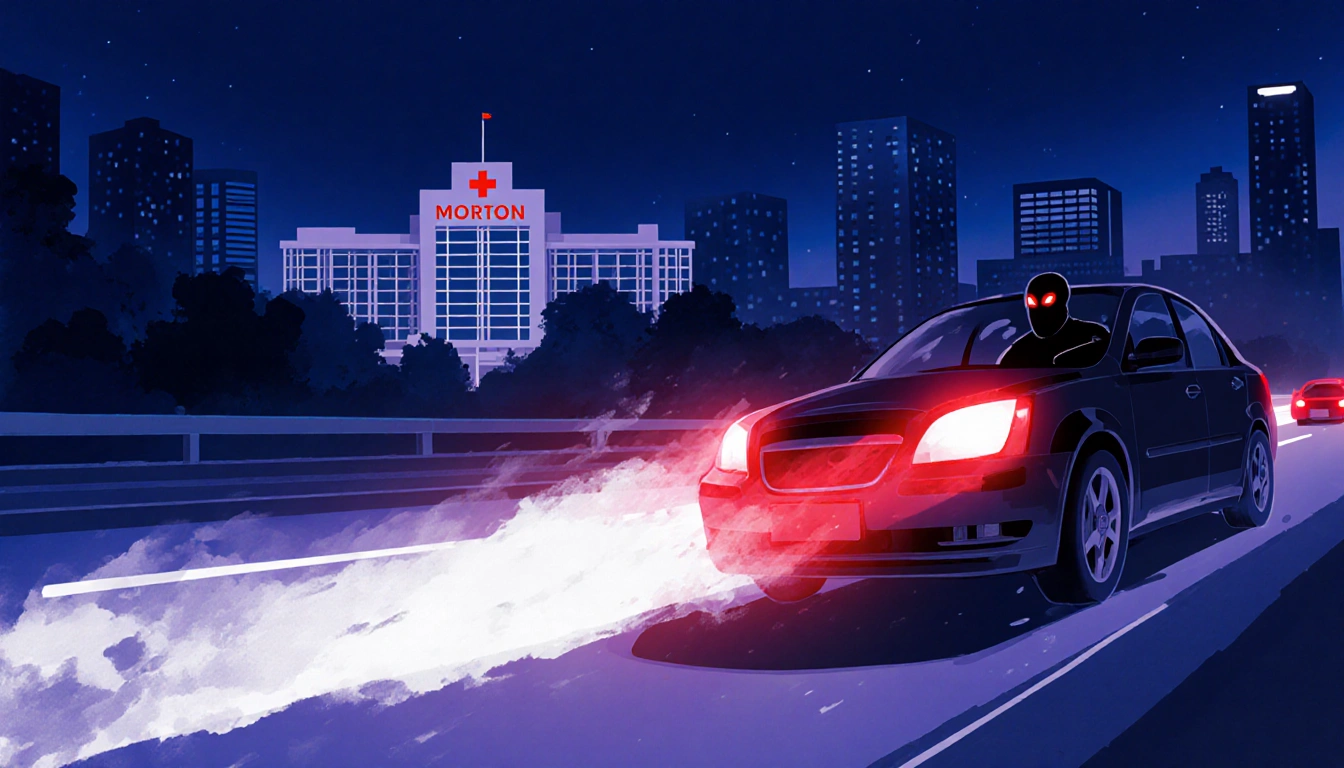 Morton driving erratically down a blurred highway with red headlights and a hospital in the dark blue Fort Worth cityscape.