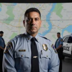 Fort Worth Police Chief Eddie Garcia standing in front of a city map with badge and surrounded by officers and residents.
