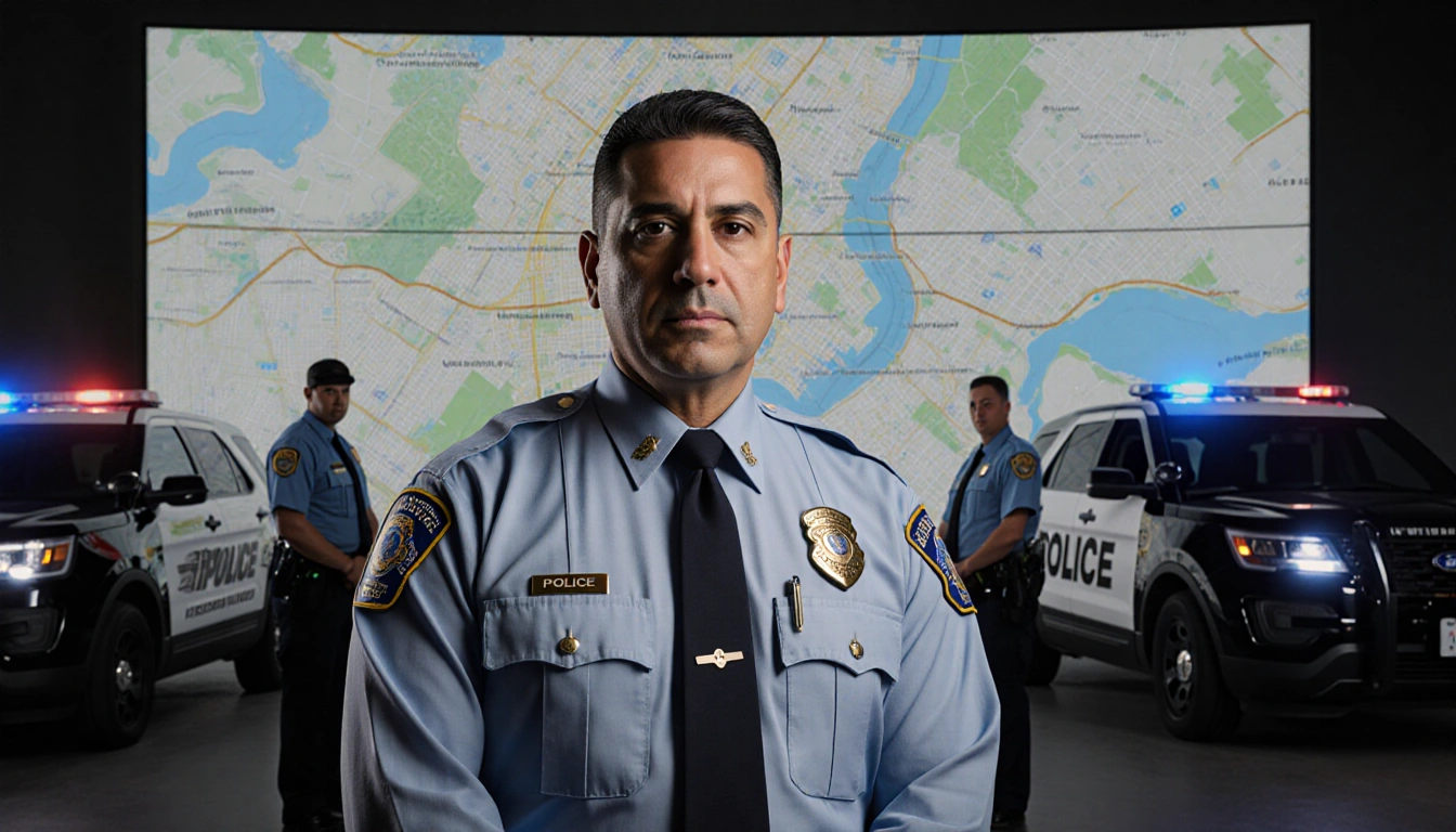 Fort Worth Police Chief Eddie Garcia standing in front of a city map with badge and surrounded by officers and residents.