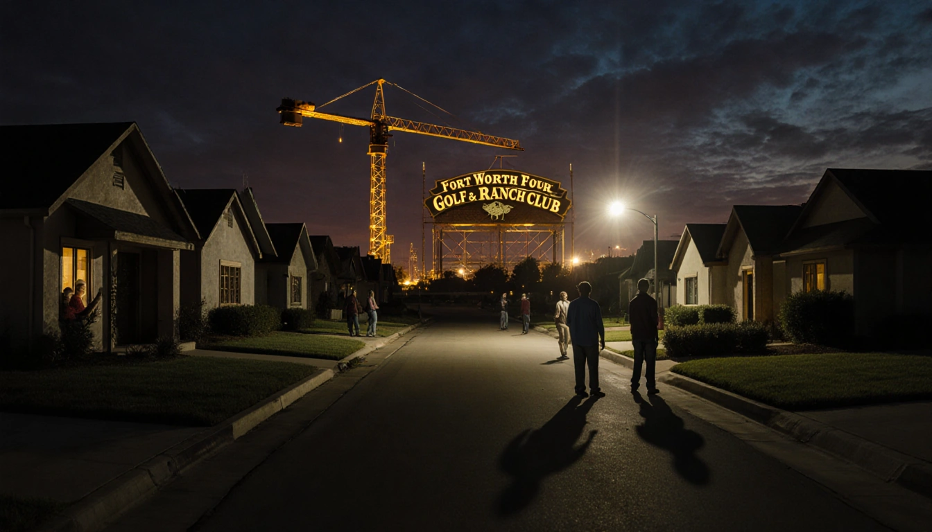 Residents stare up at sky with spotlight in empty street and golden glow from Maverick Golf sign over construction site