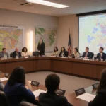Students parents teachers collaborate around a wooden table with maps of Fort Worth and a zoning plan projected on a wall