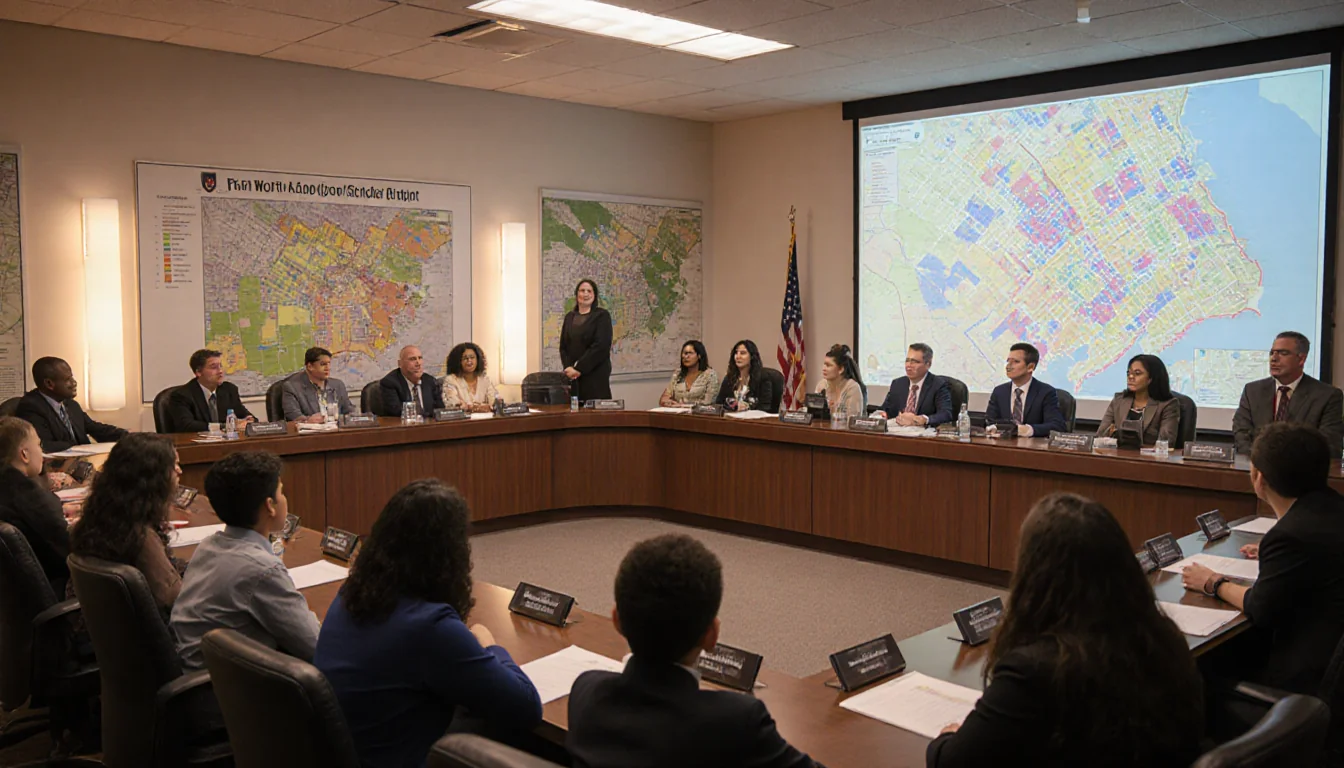 Students parents teachers collaborate around a wooden table with maps of Fort Worth and a zoning plan projected on a wall