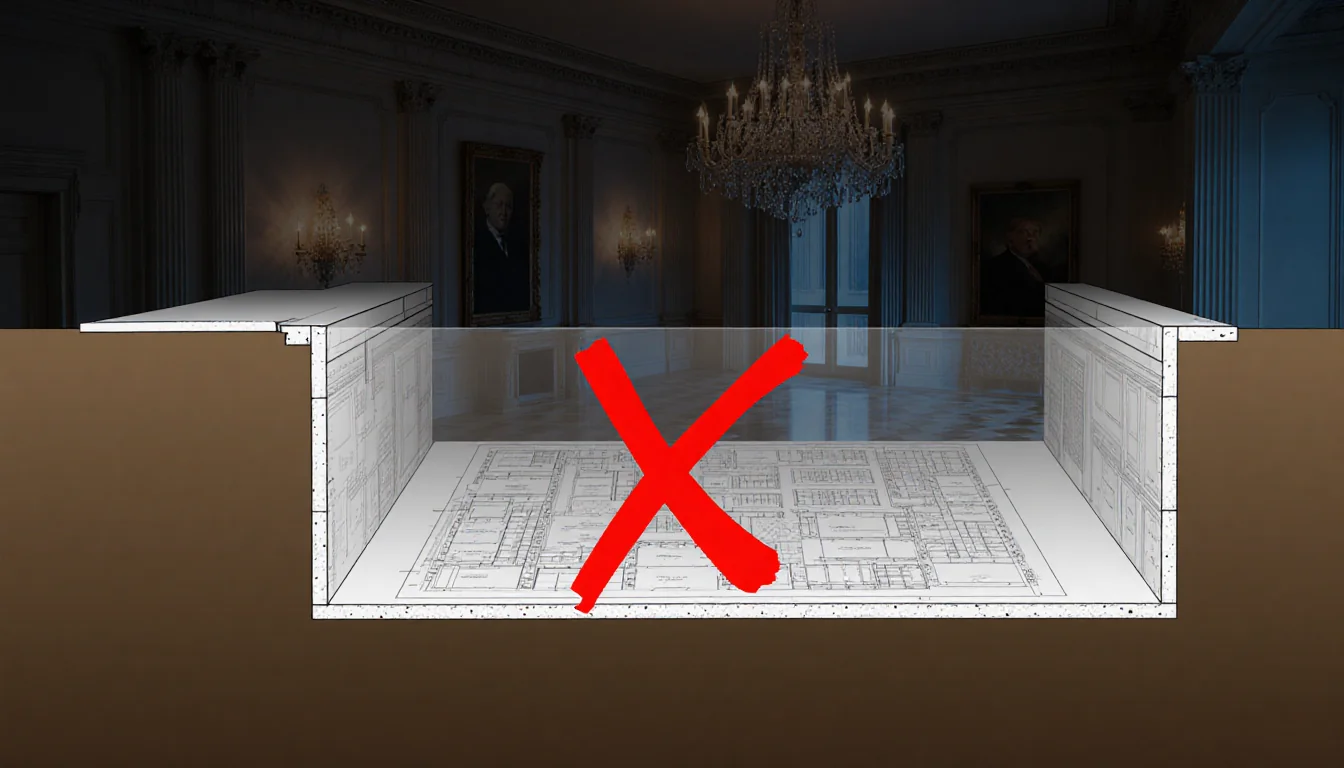 Building foundation cross-section shows red X marking design lock with plans overlay and White House ballroom background