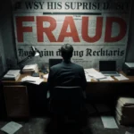 Founder sits with back to viewer with stacks of financial documents and laptops in cold harsh lighting while a red headline F