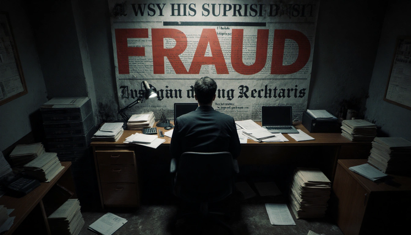 Founder sits with back to viewer with stacks of financial documents and laptops in cold harsh lighting while a red headline F