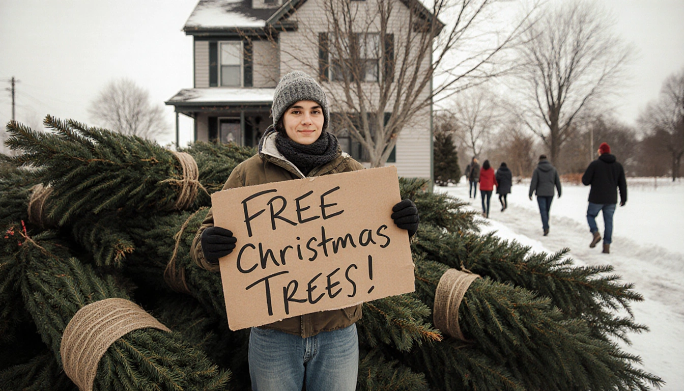 Person holding sign with Free Christmas Trees and stacks of twined trees neighbors walking toward them