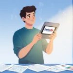 Young adult confidently holding a tablet with FreeTaxUSA logo and tax documents scattered around set against a blue‑white gra