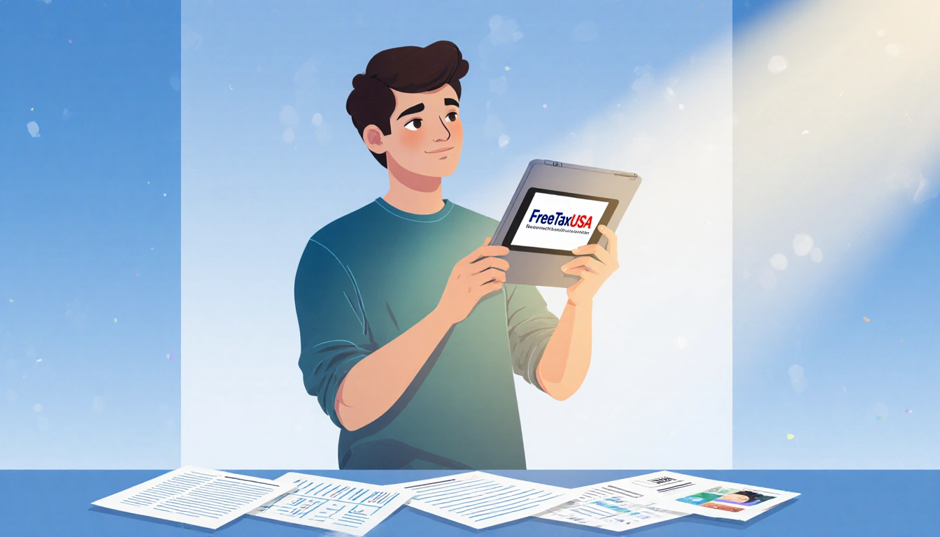 Young adult confidently holding a tablet with FreeTaxUSA logo and tax documents scattered around set against a blue‑white gra