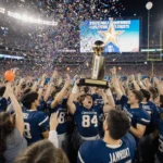 Frisco Lone Star football players lift state championship trophy with confetti and balloons as stadium audience cheers below