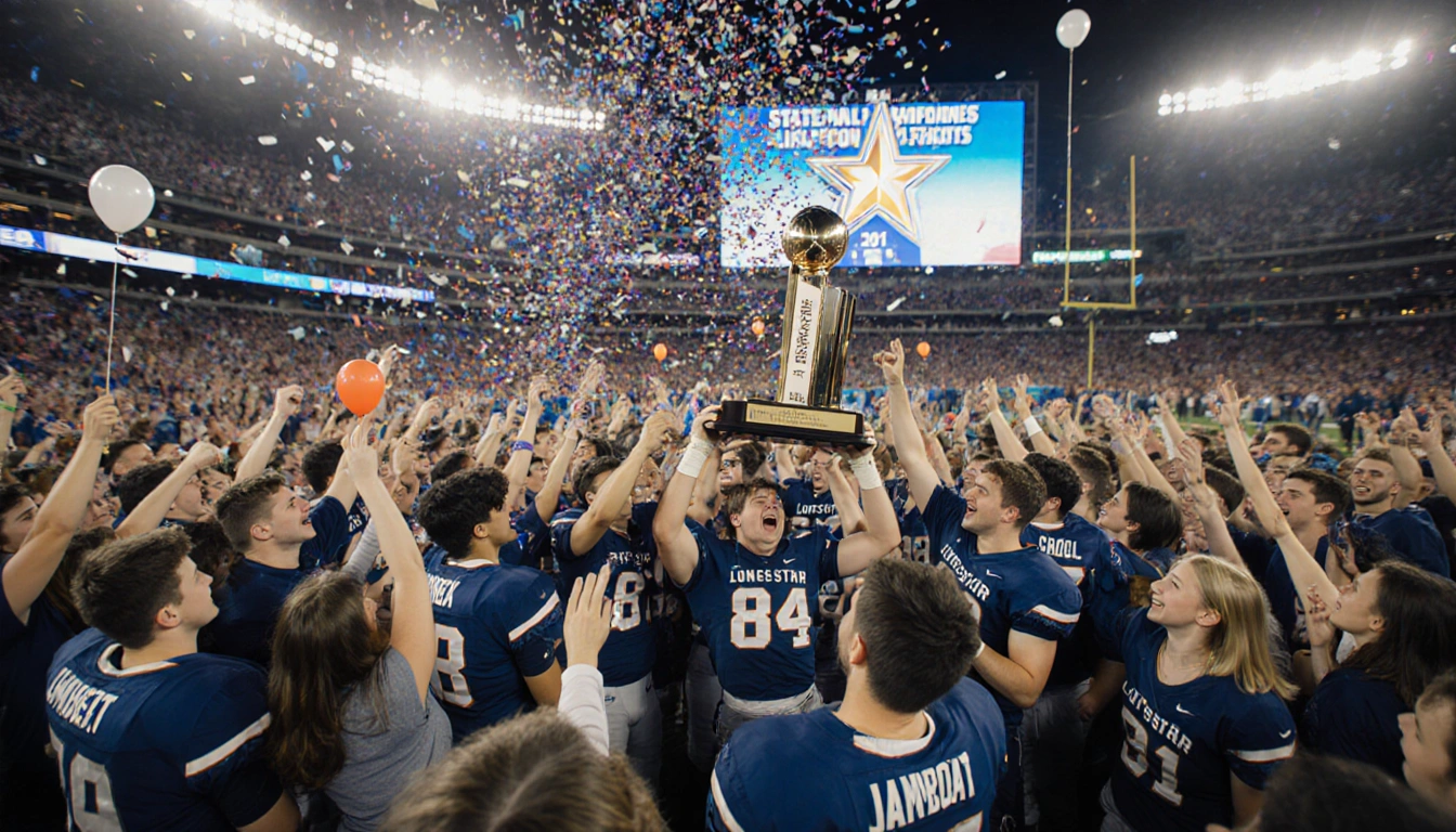 Frisco Lone Star football players lift state championship trophy with confetti and balloons as stadium audience cheers below