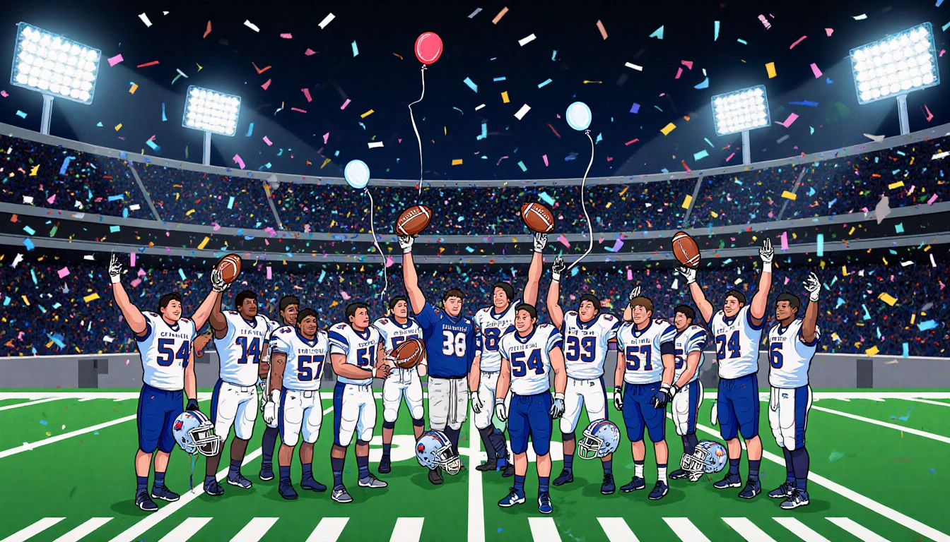 Frisco Lone Star football team celebrates victory with confetti and balloons under bright stadium lights.