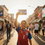 Boy holding up Frisco Soccer City gift card with fans and World Cup flag on Main Street in light