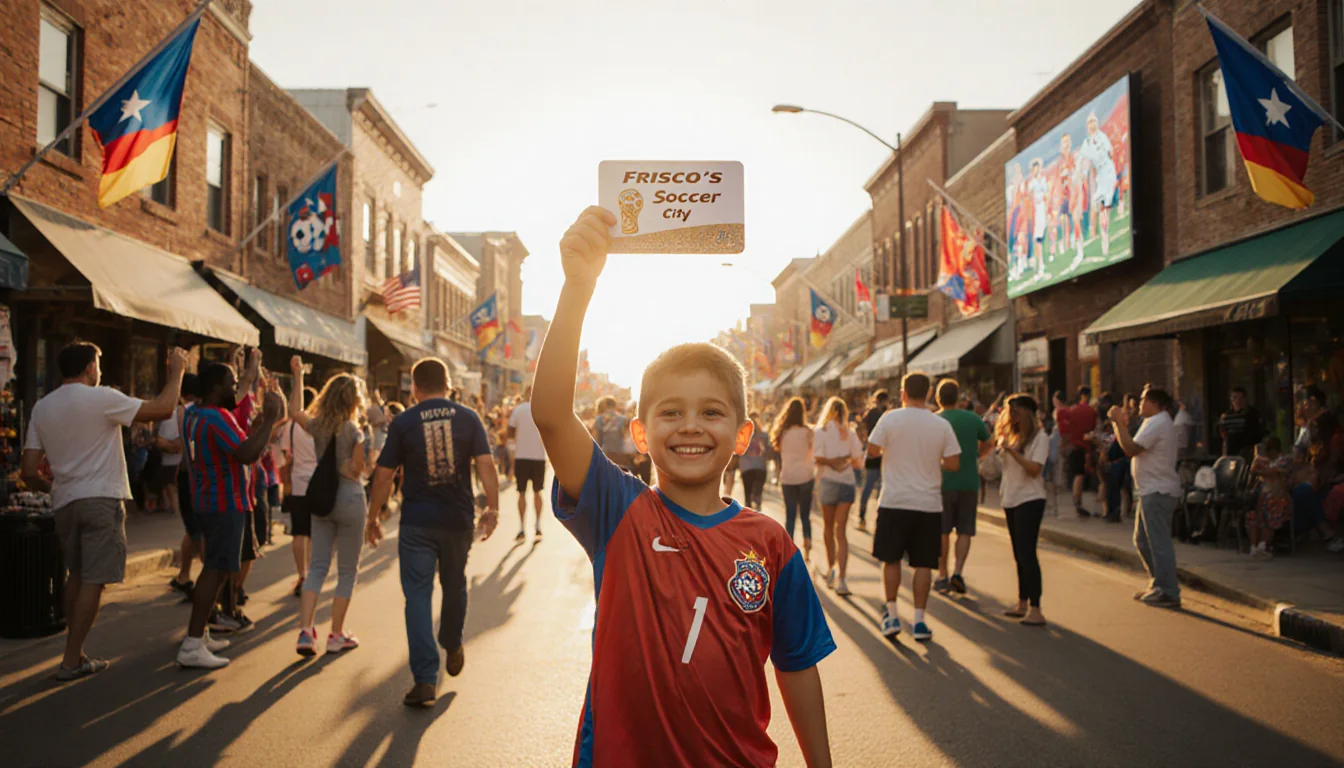 Boy holding up Frisco Soccer City gift card with fans and World Cup flag on Main Street in light