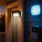 Sunset illuminates porch with motion‑triggered floodlights and soft blue light from smart lock.