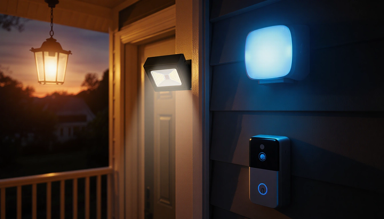 Sunset illuminates porch with motion‑triggered floodlights and soft blue light from smart lock.