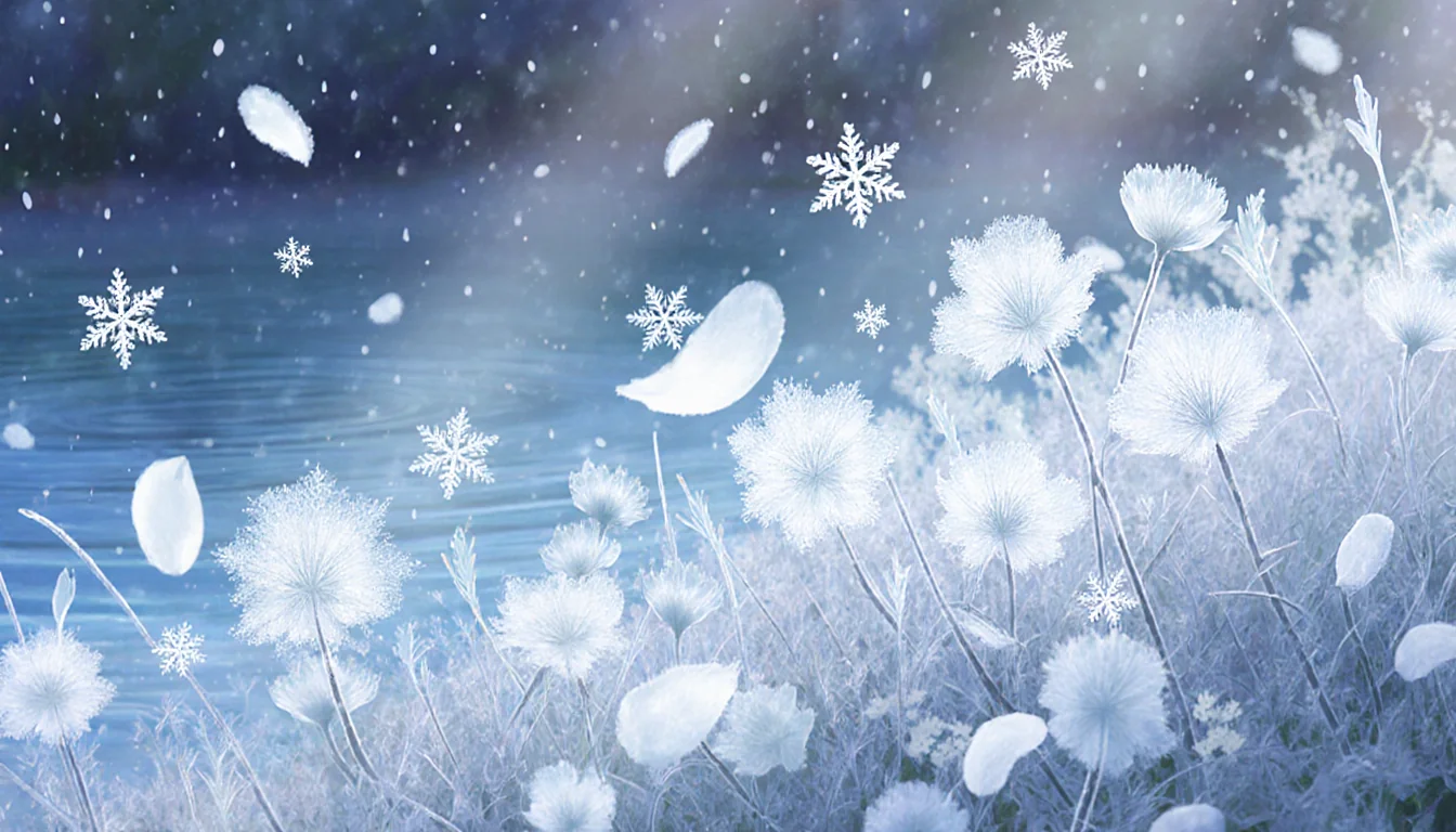 Frozen petals shimmer as snowflakes fall with gentle mist over garden.