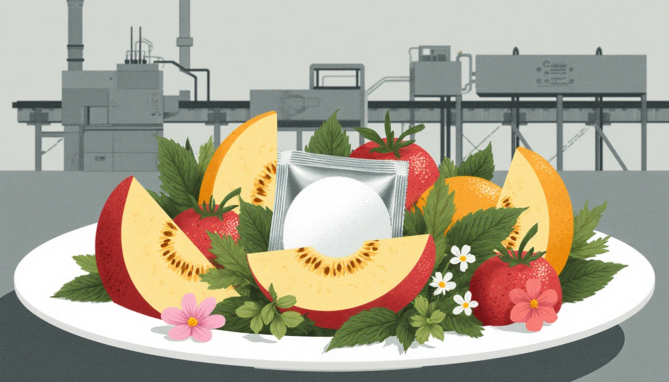 Fruit salad being sliced revealing hidden sugar packet with herbs and flowers and blurred factory line in background