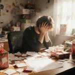 Frustrated person sits at cluttered desk with gift returns and a large returns slip under soft side light