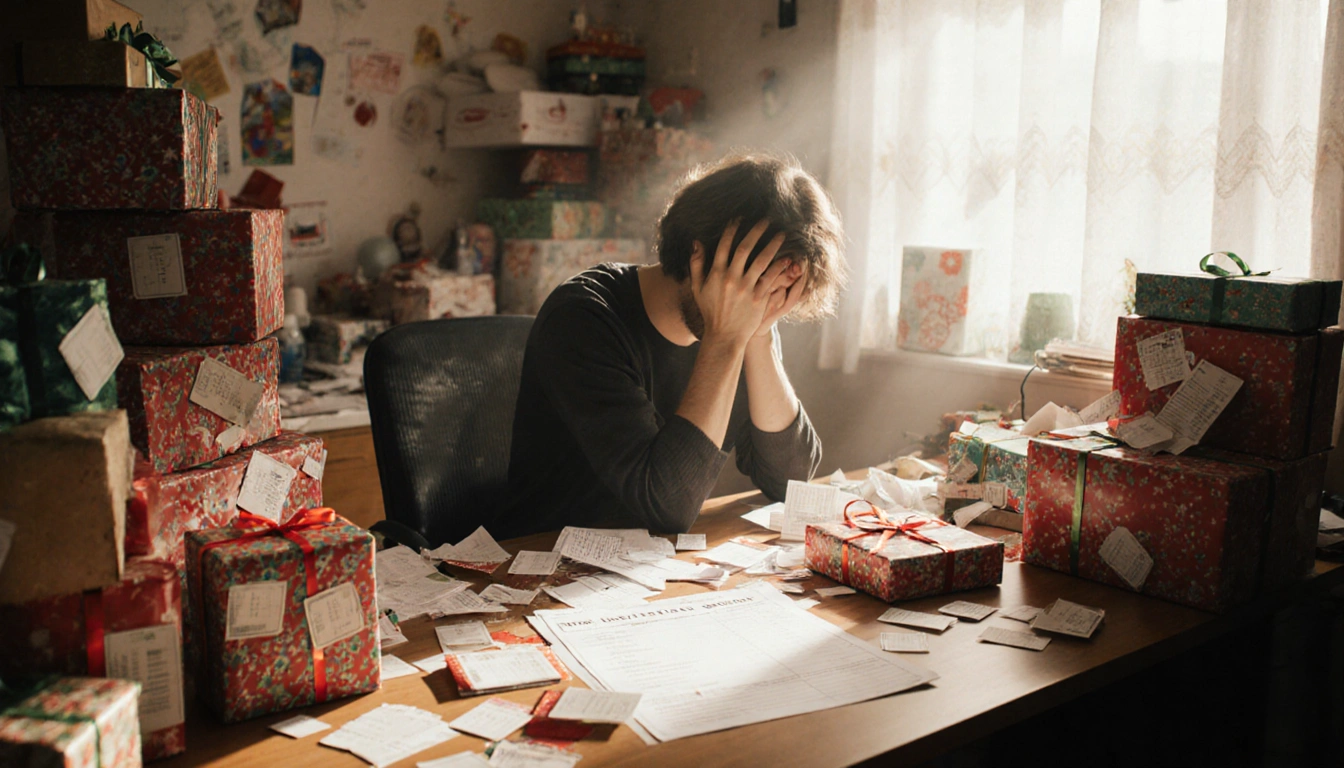 Frustrated person sits at cluttered desk with gift returns and a large returns slip under soft side light