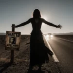 Kata Hay standing on highway with arms outstretched distant headlight glowing on her face wanted poster behind rusty fence