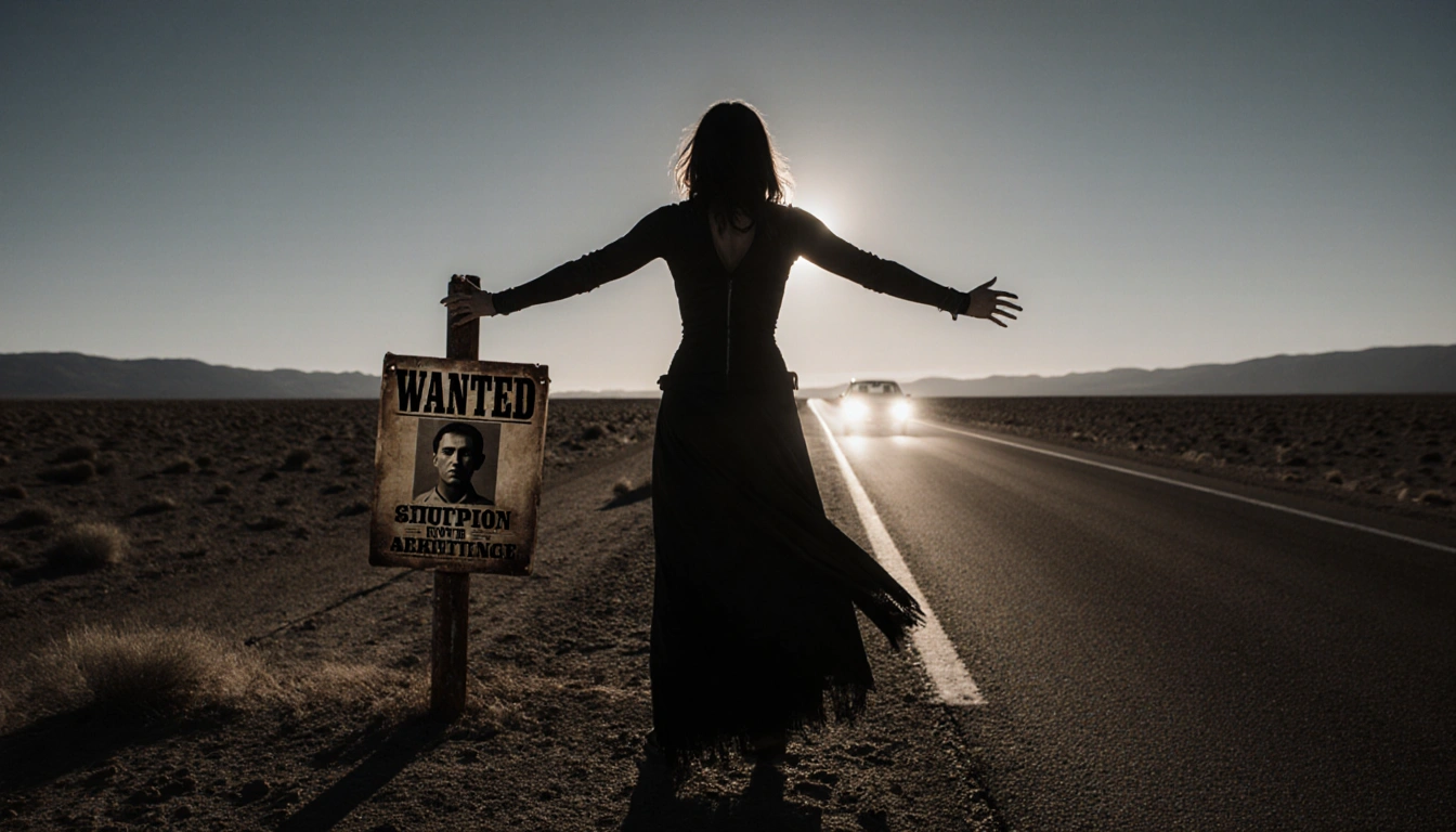 Kata Hay standing on highway with arms outstretched distant headlight glowing on her face wanted poster behind rusty fence