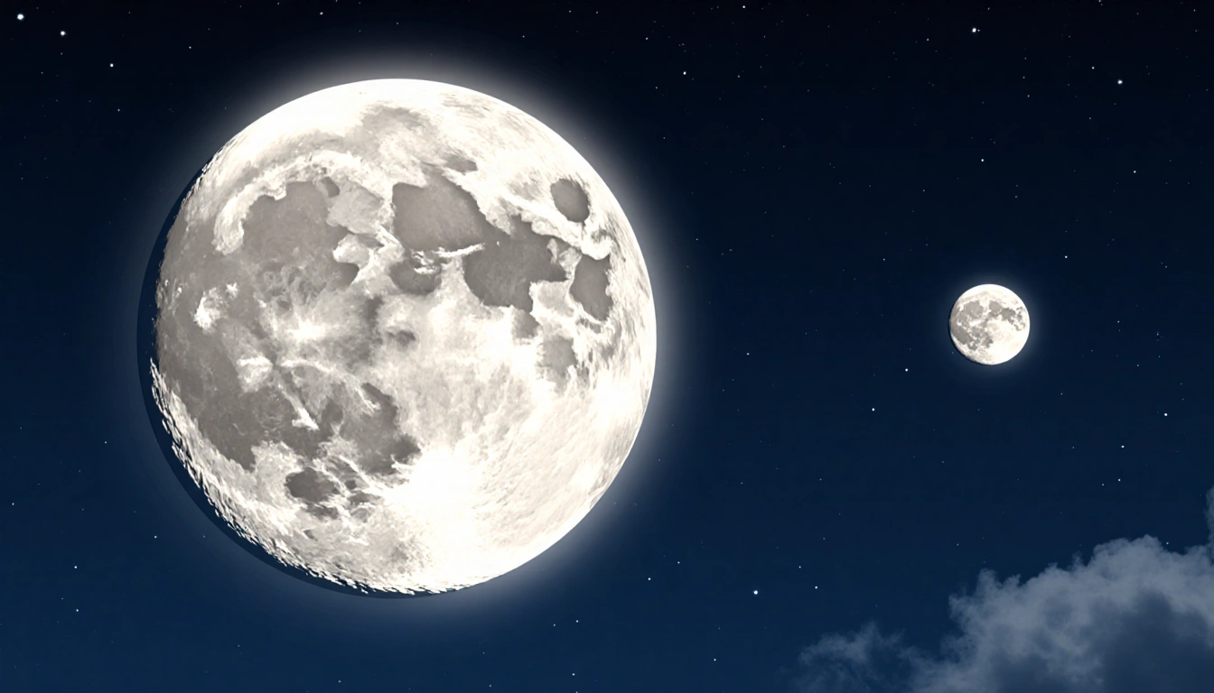 Full moon expanding with bright glow against deep blue sky and a distant smaller moon for contrast