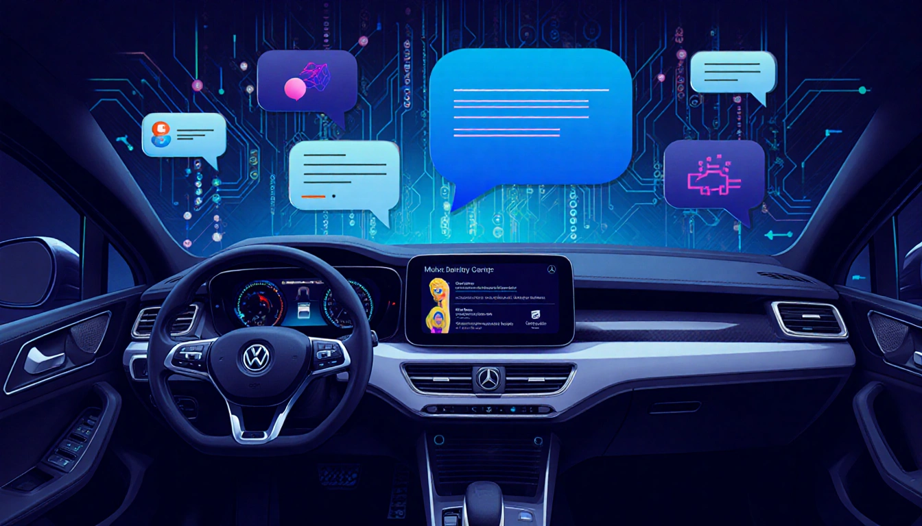 Dashboard interface scrolling chat with neural network diagram and car brand logos.