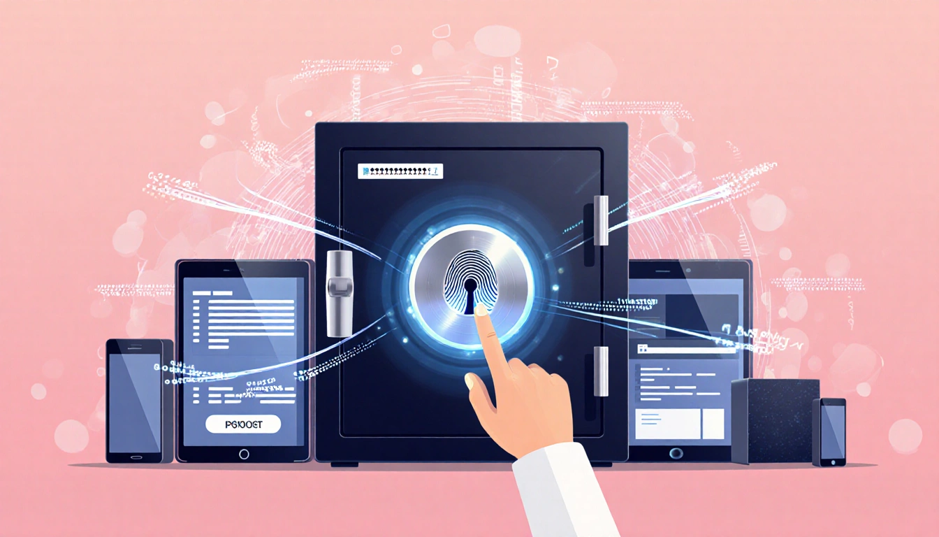 Fingerprint unlocks sleek metallic password vault with glowing lock and swirling biometric data around devices