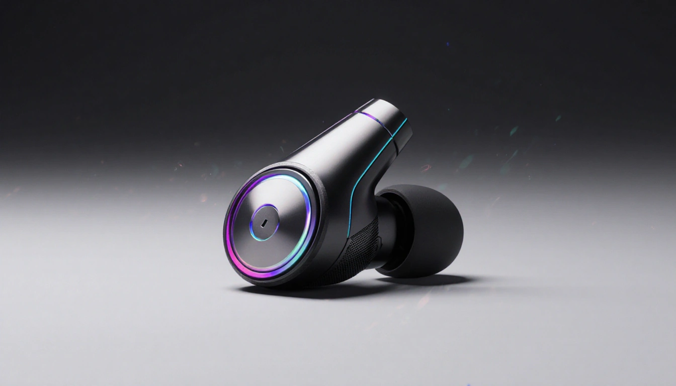 Futuristic earbud glides over minimalist background with sleek metallic curves and glowing battery icon.