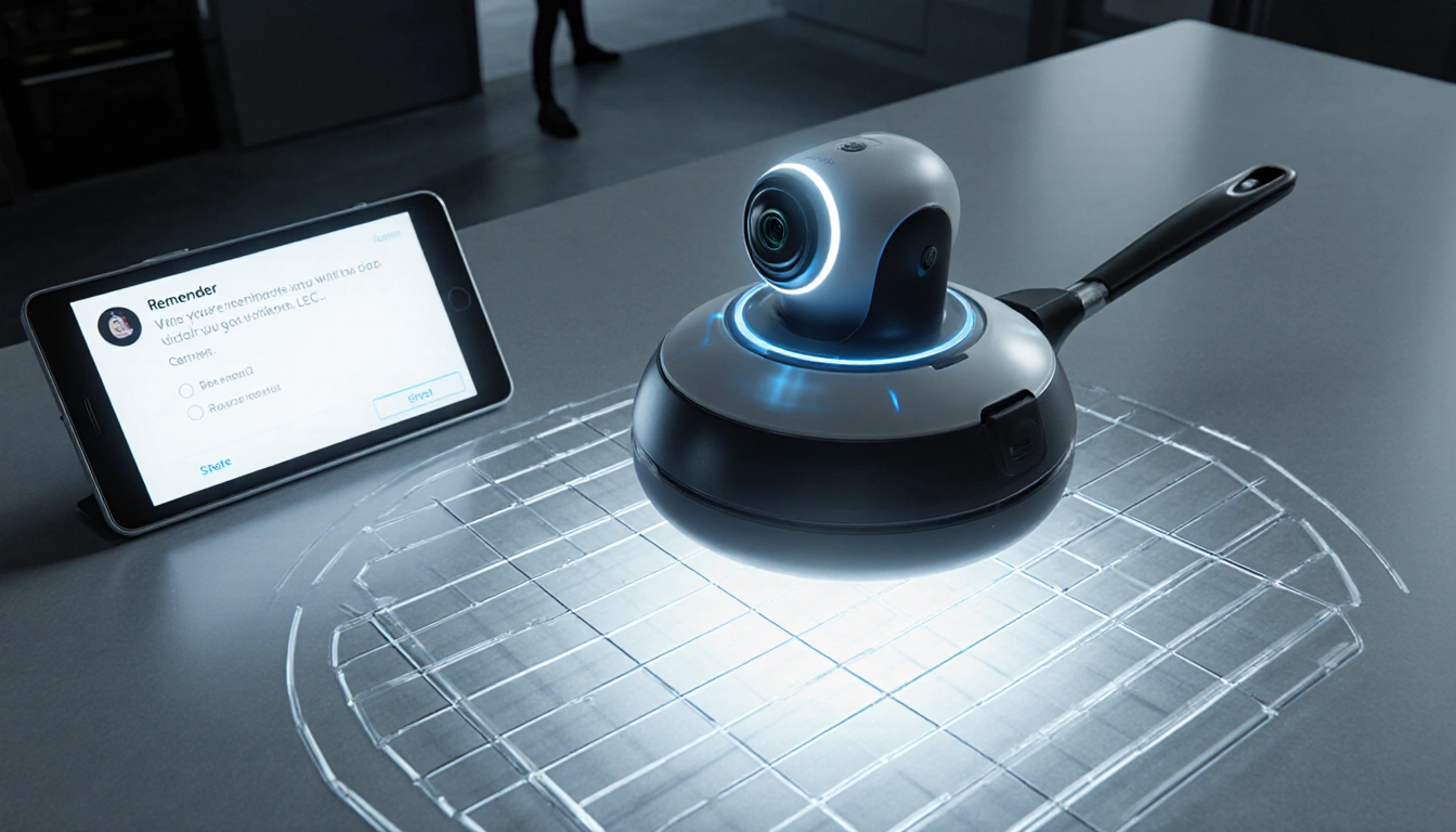 Trivet hovering in futuristic kitchen with camera lens and LED glow near smartphone reminder