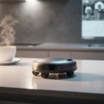 Self-driving trivet navigating toward a steaming cup of coffee with warm lighting highlighting metallic surface on countertop