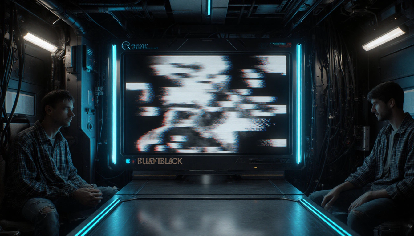 Futuristic playback screen flickering with blue holograms and VHS distortion near nostalgic grunge wires and neon lights.