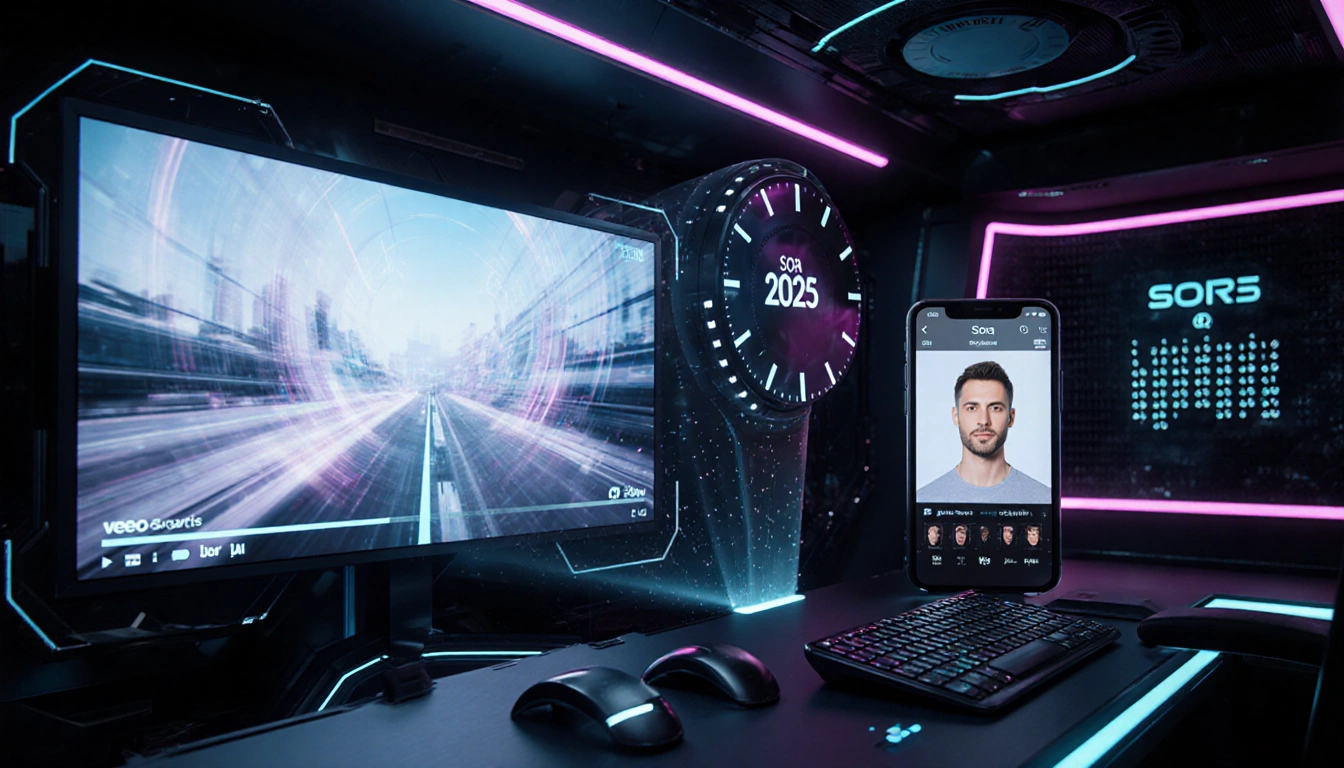 High-tech studio shows AI video tech with Veo 3 screen and Sora app holograms