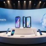 Curved display shows folding iPhone and Galaxy Z TriFold with sleek table and glowing pedestal in tech conference innovation