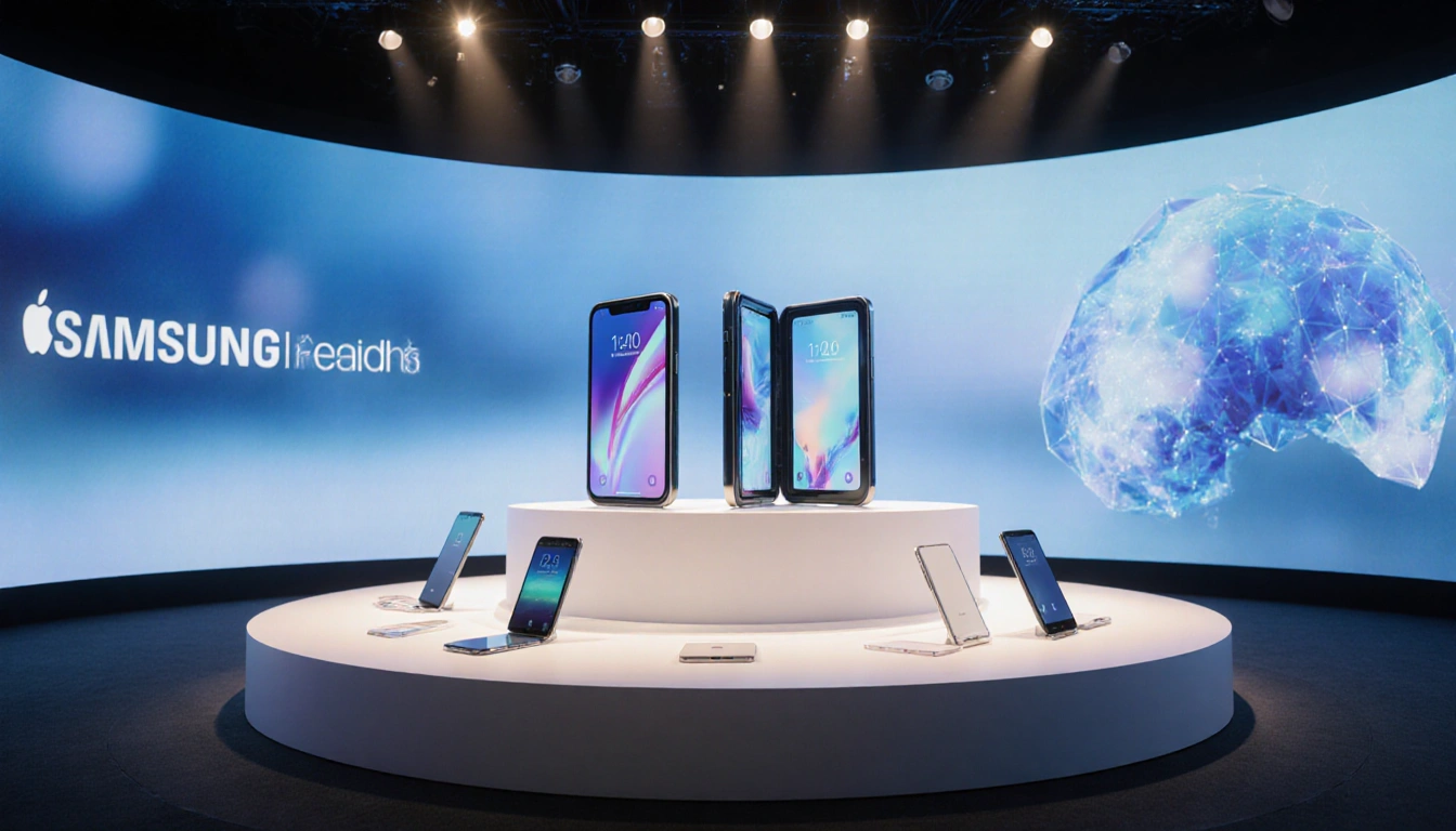 Curved display shows folding iPhone and Galaxy Z TriFold with sleek table and glowing pedestal in tech conference innovation