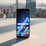 Galaxy A17 smartphone glowing on minimalist desk with Google search interface and subtle AI hint in corner