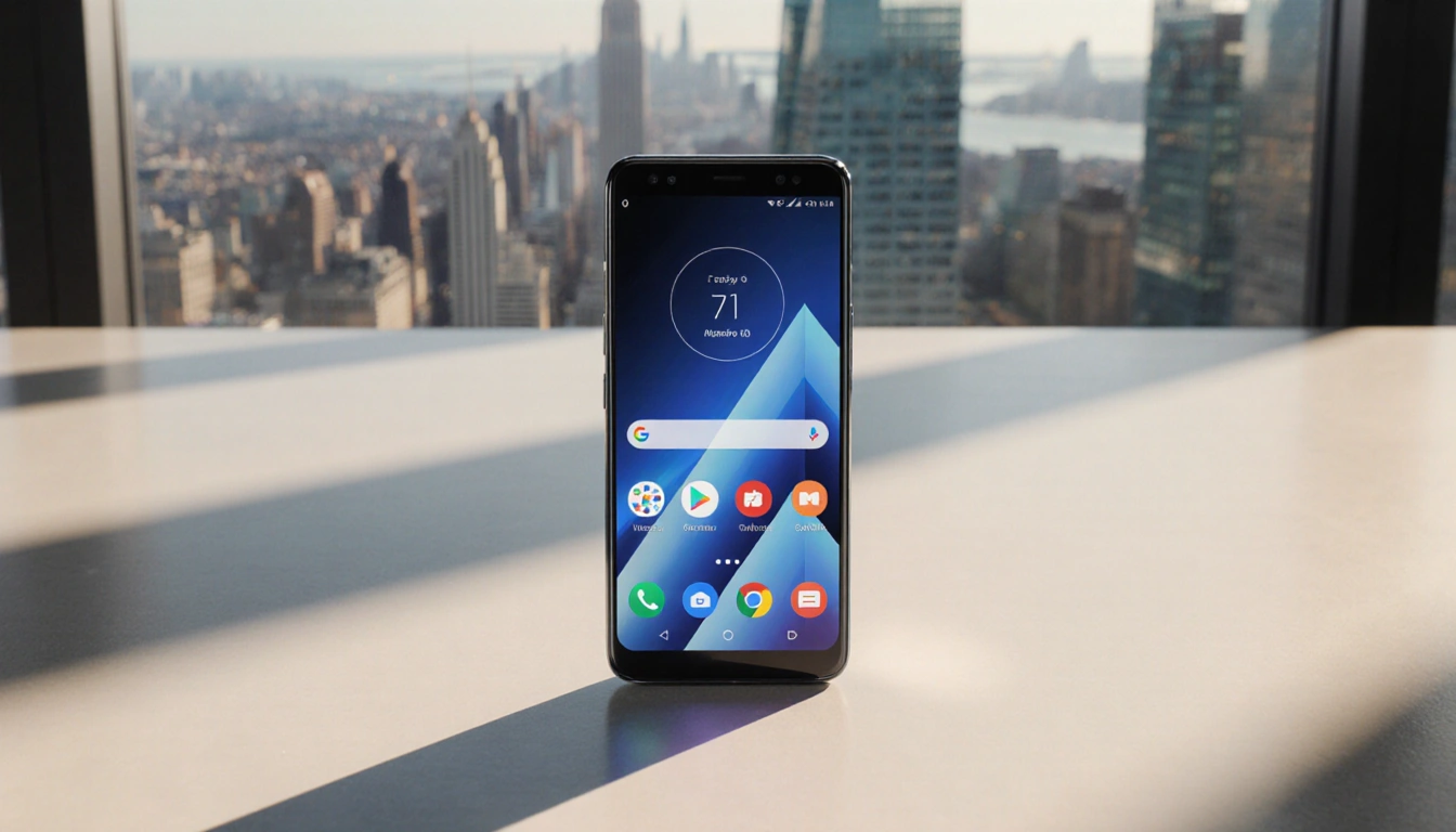 Galaxy A17 smartphone glowing on minimalist desk with Google search interface and subtle AI hint in corner