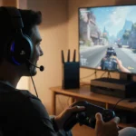 Gamer playing game on PS5 with headphones and a VPN router in the background