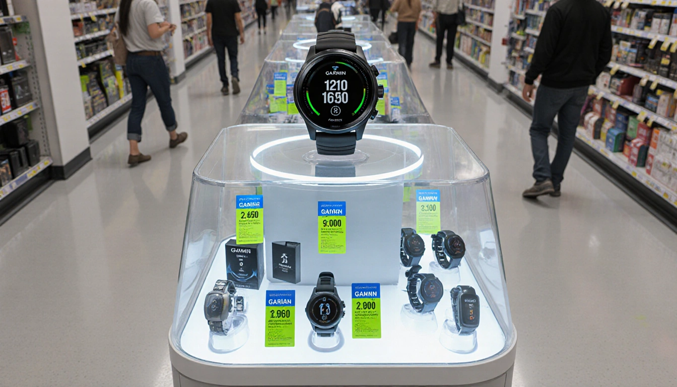 Shoppers view a Garmin smartwatch with glowing LED lights and bright blue tags on a gadget display in a white shopping aisle