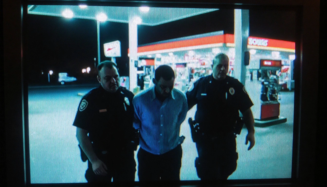 Nick Reiner being handcuffed by police with officers gripping him and neon glow from gas station