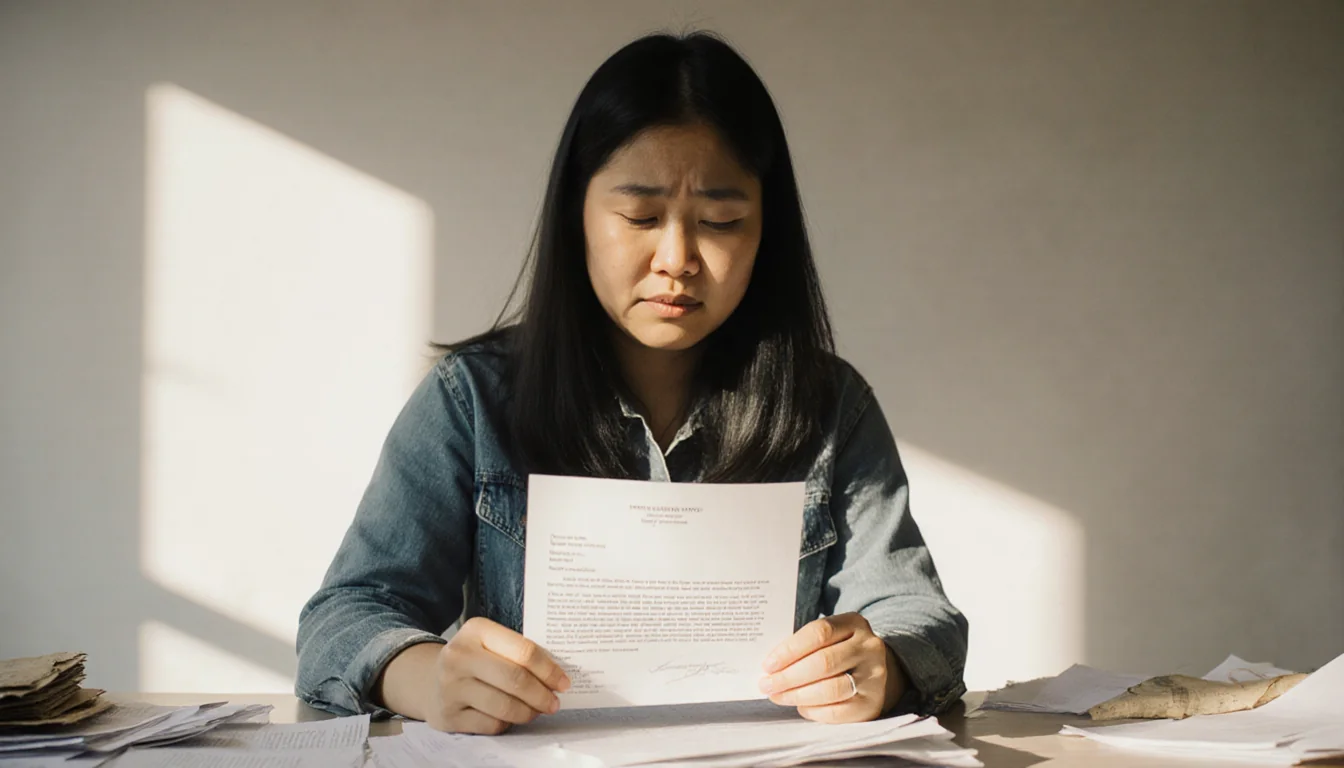 Gauffeny holding a letter with hopeful expression of beginnings and worn papers scattered around natural light illuminates