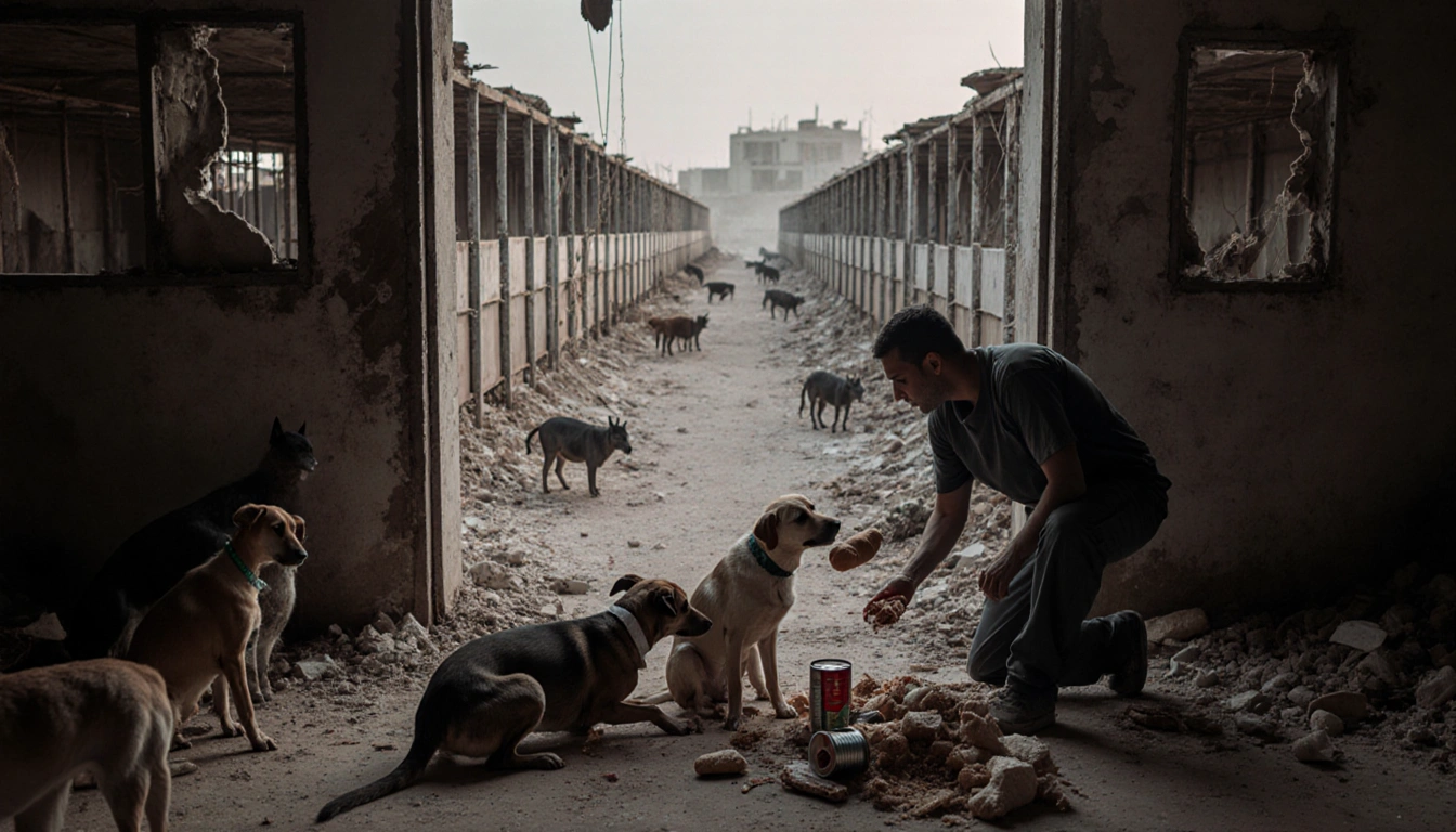 Worker offering a scrap meal to a hungry dog with rubble inside an animal shelter in Gaza.