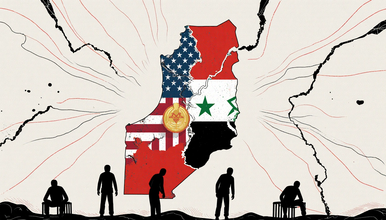 Illustrated Gaza map splits into factions with bold colors and abstract shapes while subtle hostages appear in foreground hig